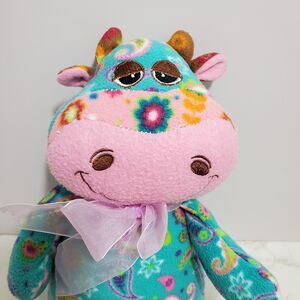 NEN Cow Plush Paisley Embroidered Turquoise Pink Bow 13" Fleece Soft Washes